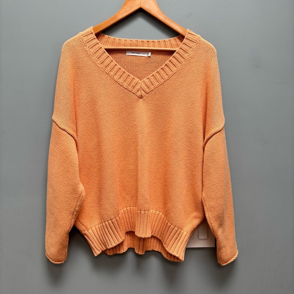 MOUSSY V-Neck Sweater with Dropped Shoulders in Peach Color S